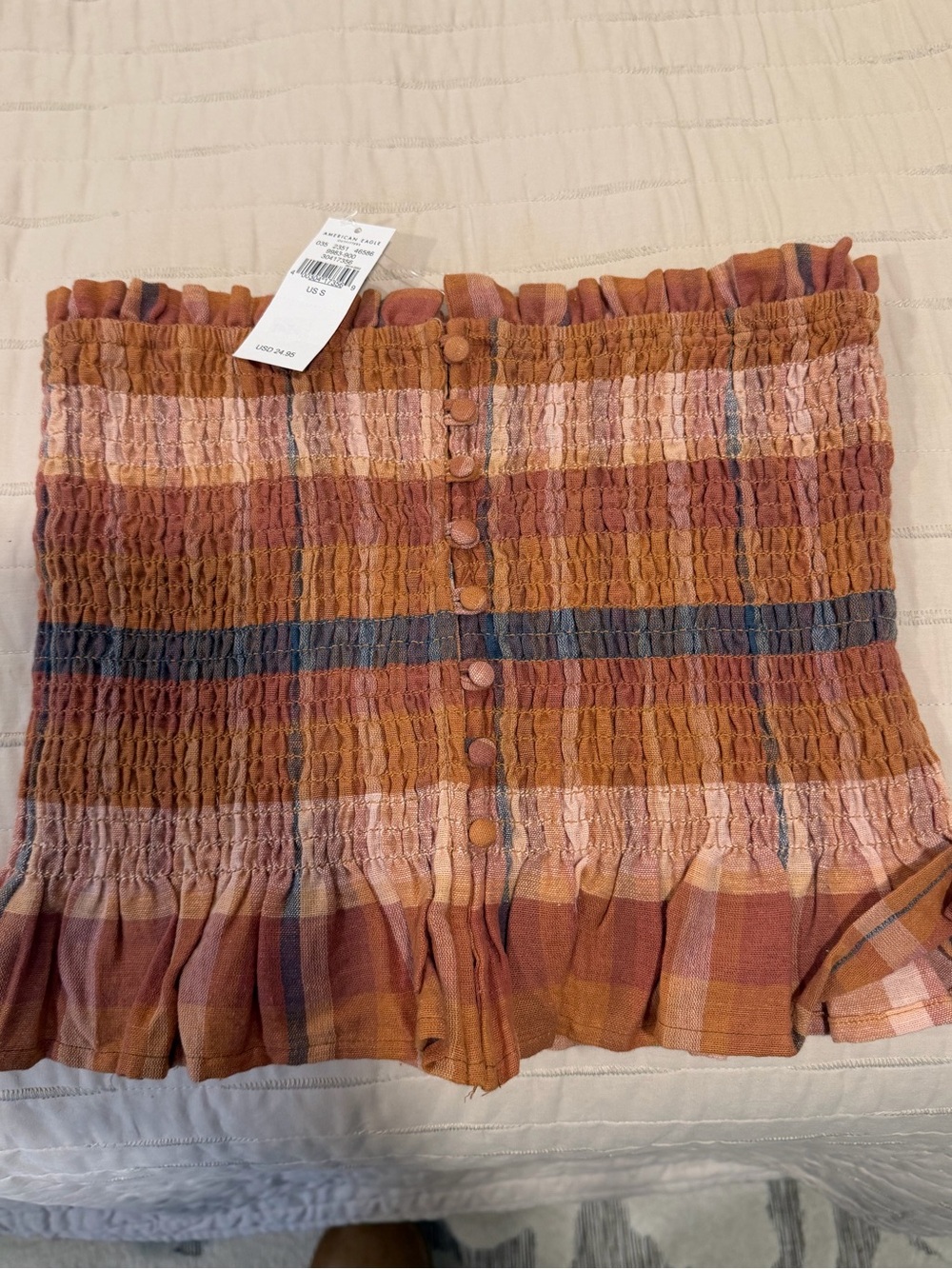 American Eagle Outfitters Smocked Plaid Mini Skirt — Rust Pink Blue